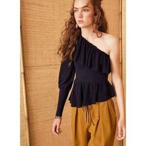 ULLA JOHNSON Eden one-shoulder ruffled sweater Navy size Large